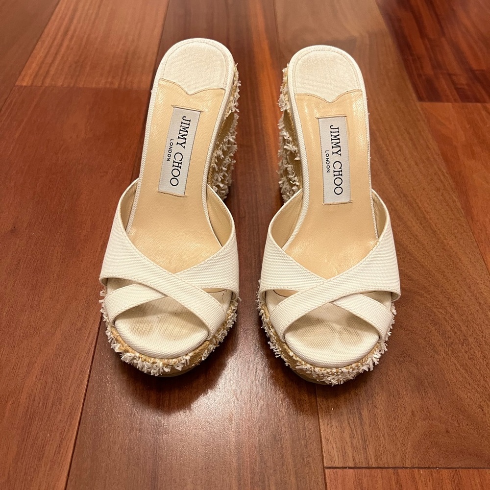 Jimmy Choo Almer White Canvas Wedge Espadrille Raffia Trim size 36